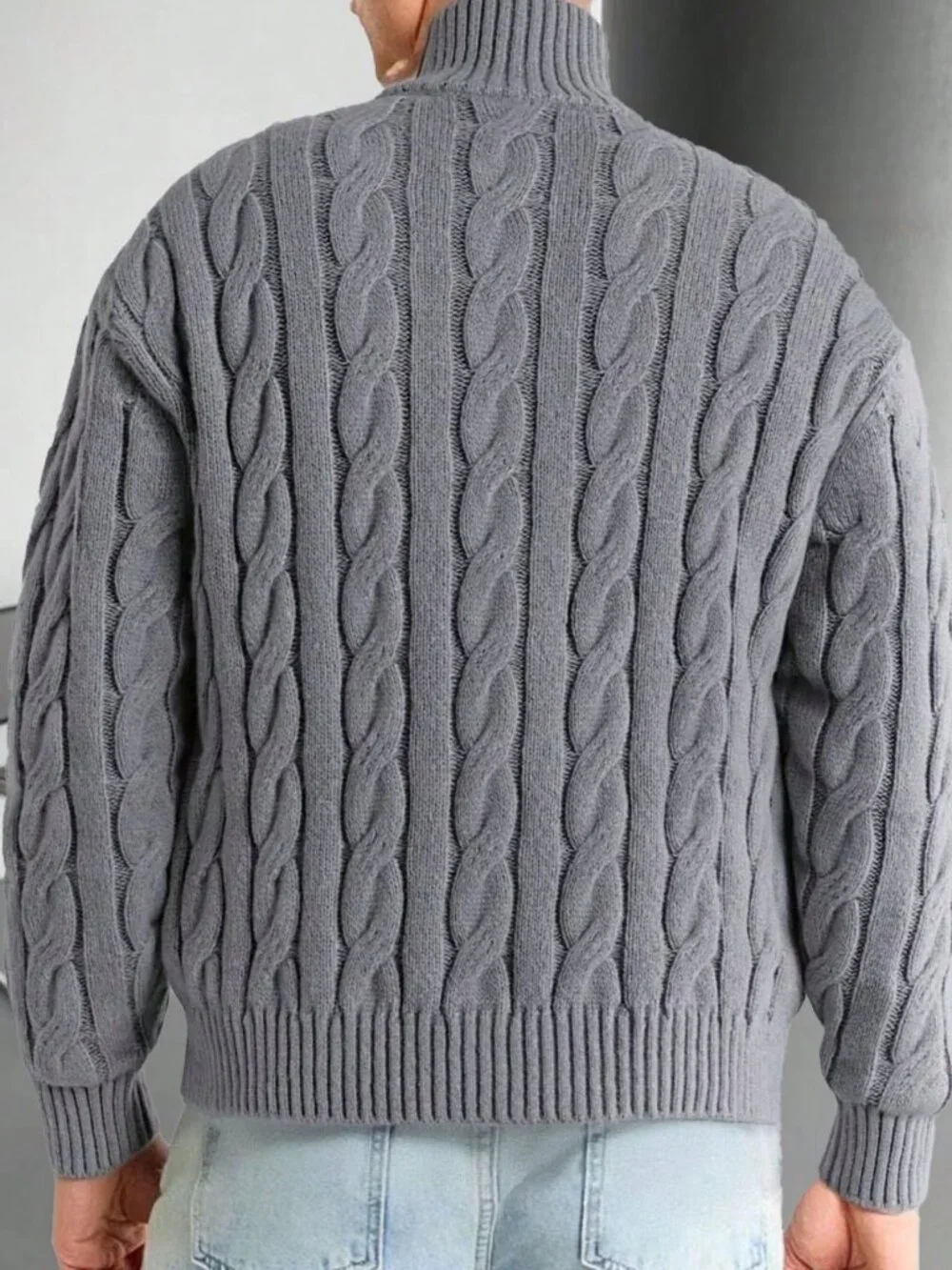 Grey Regular Fit Men's Rib-Knit Half-Zip Knit Polo Sweater
